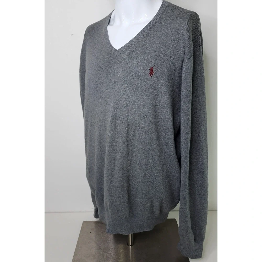 Polo Ralph Lauren Sweater Mens XL Gray‎ V-Neck Pullover Pima Cotton